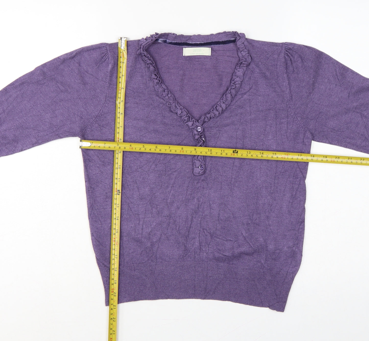 Marks and Spencer Women Purple UK 12 Henley V-Neck Ruffle Knit Jumper