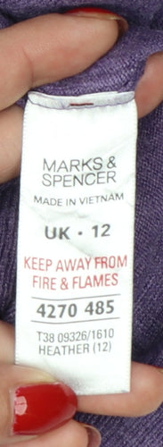 Marks and Spencer Women Purple UK 12 Henley V-Neck Ruffle Knit Jumper