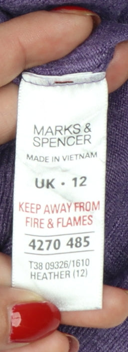 Marks and Spencer Women Purple UK 12 Henley V-Neck Ruffle Knit Jumper