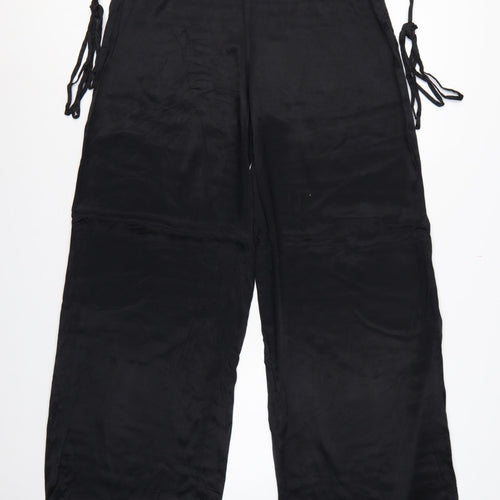 Zara Women Black 2XL Wide-Leg Drawstring Viscose Trousers