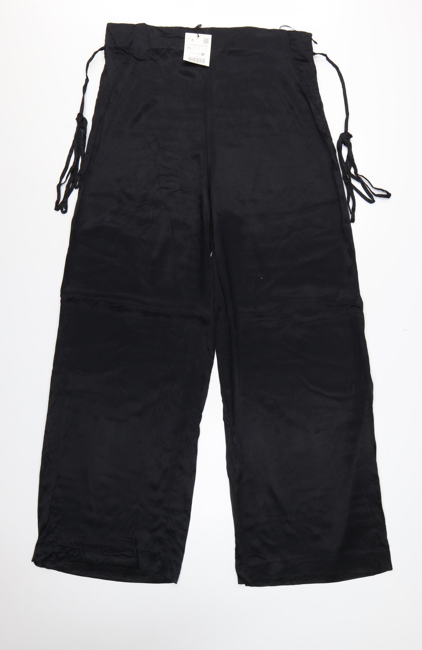 Zara Women Black 2XL Wide-Leg Drawstring Viscose Trousers