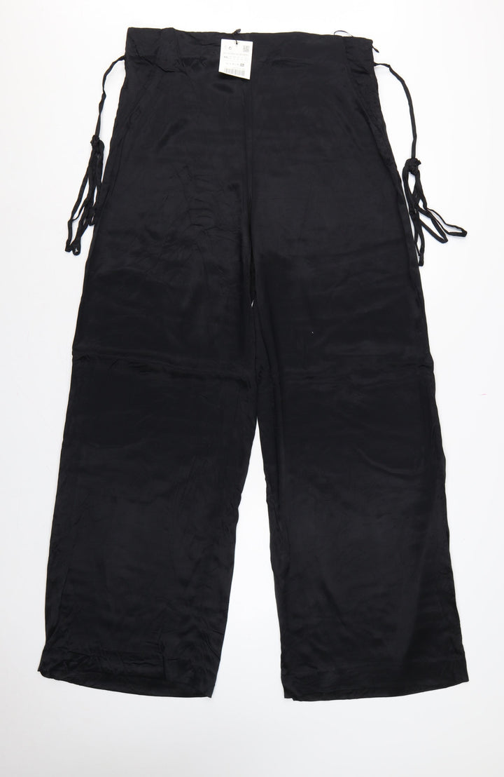 Zara Women Black 2XL Wide-Leg Drawstring Viscose Trousers
