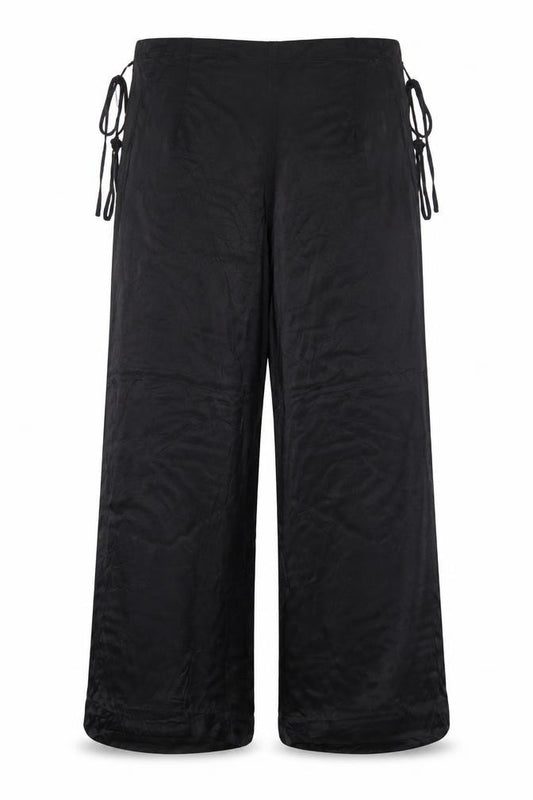 Zara Women Black 2XL Wide-Leg Drawstring Viscose Trousers