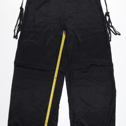 Zara Women Black 2XL Wide-Leg Drawstring Viscose Trousers