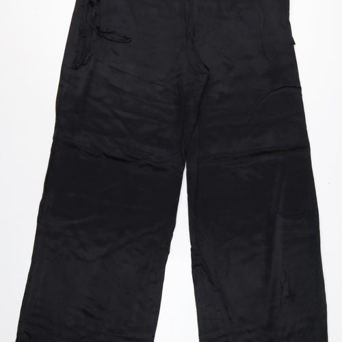 Zara Women Black 2XL Wide-Leg Drawstring Viscose Trousers