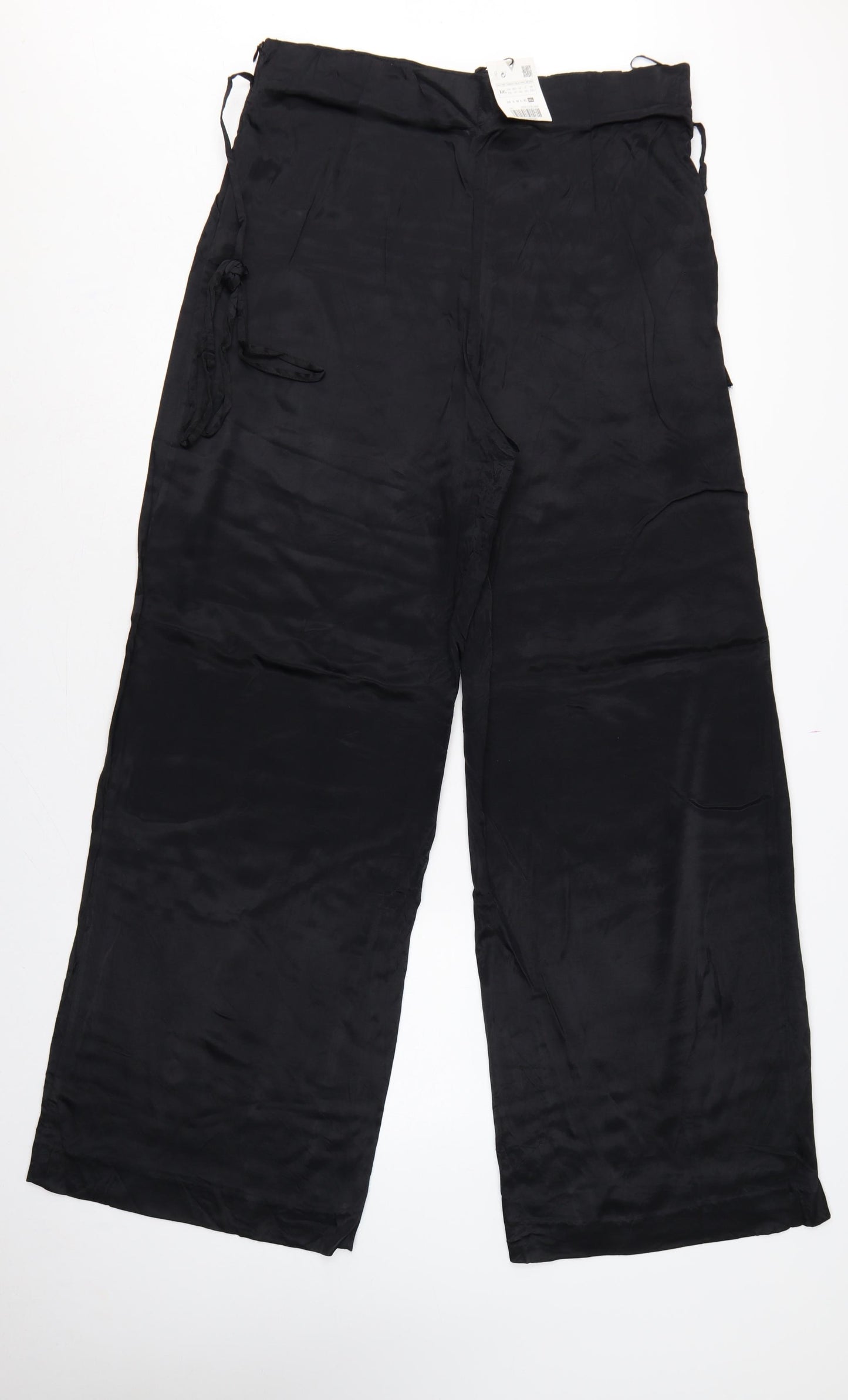 Zara Women Black 2XL Wide-Leg Drawstring Viscose Trousers