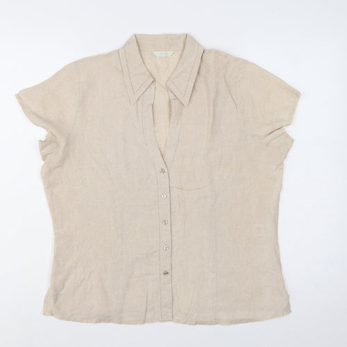 Marks & Spencer Women Beige Linen Short Sleeve Button-Up Shirt UK 16