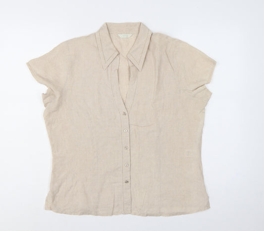 Marks & Spencer Women Beige Linen Short Sleeve Button-Up Shirt UK 16