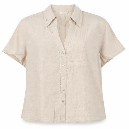 Marks & Spencer Women Beige Linen Short Sleeve Button-Up Shirt UK 16