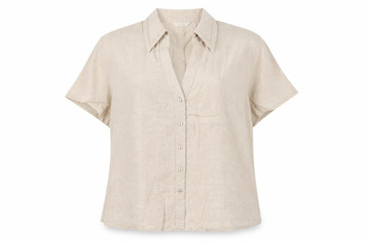 Marks & Spencer Women Beige Linen Short Sleeve Button-Up Shirt UK 16
