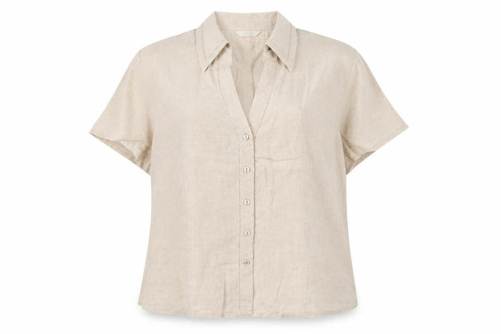 Marks & Spencer Women Beige Linen Short Sleeve Button-Up Shirt UK 16