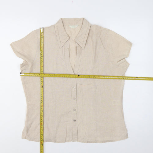 Marks & Spencer Women Beige Linen Short Sleeve Button-Up Shirt UK 16