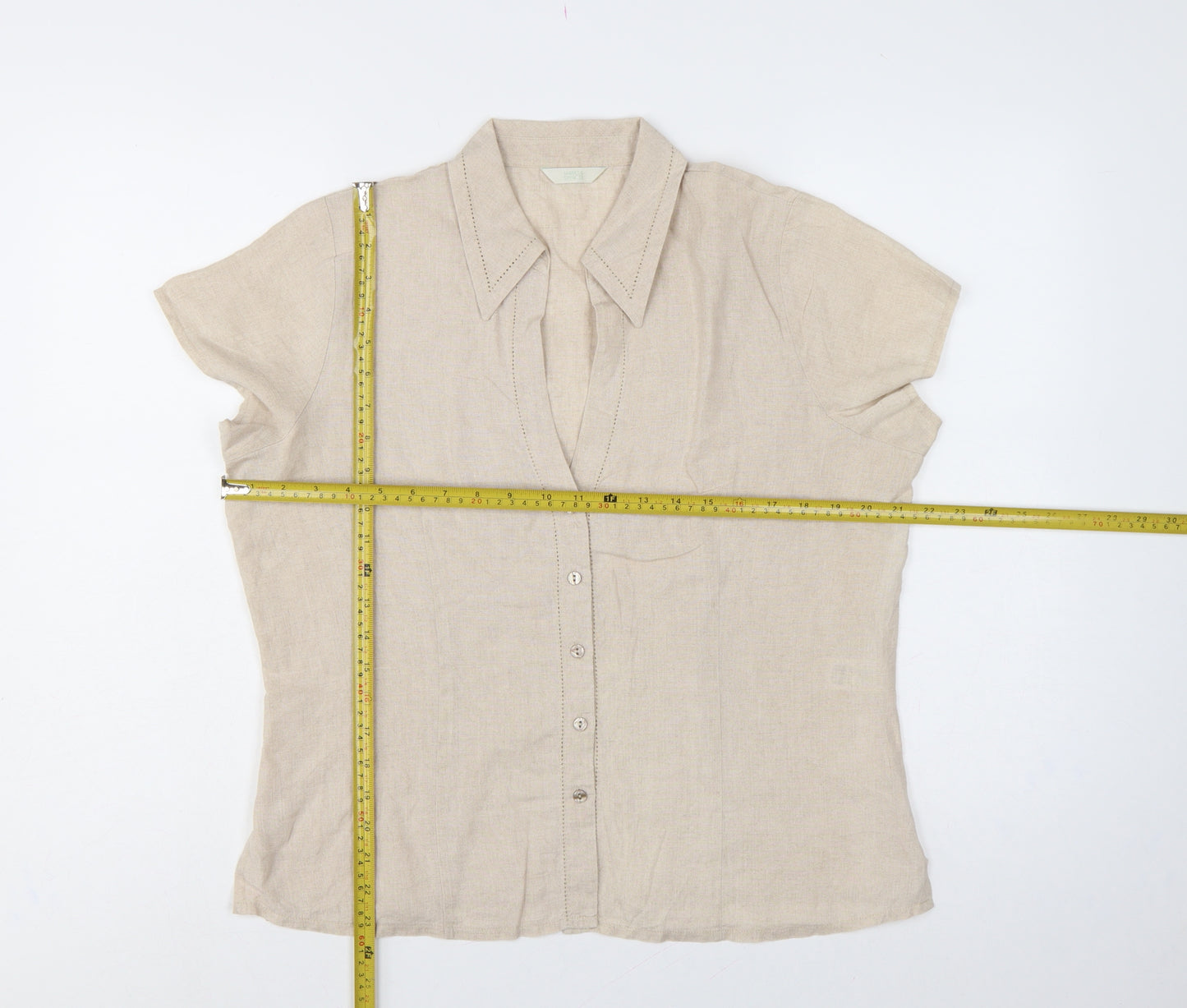 Marks & Spencer Women Beige Linen Short Sleeve Button-Up Shirt UK 16