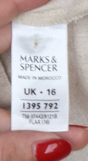 Marks & Spencer Women Beige Linen Short Sleeve Button-Up Shirt UK 16