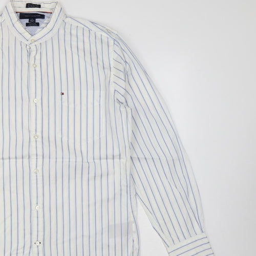 Tommy Hilfiger Men's White Blue Stripe M Custom Fit Band Collar Shirt