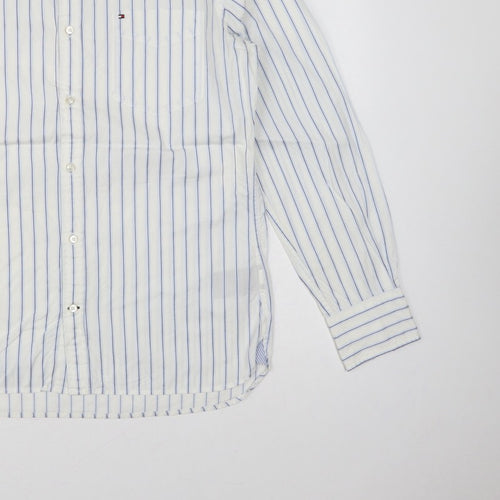 Tommy Hilfiger Men's White Blue Stripe M Custom Fit Band Collar Shirt