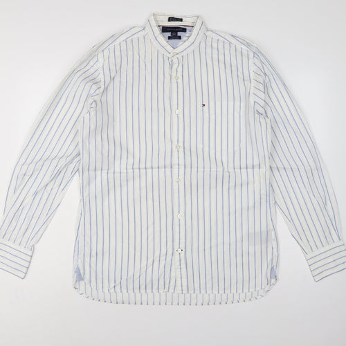Tommy Hilfiger Men's White Blue Stripe M Custom Fit Band Collar Shirt