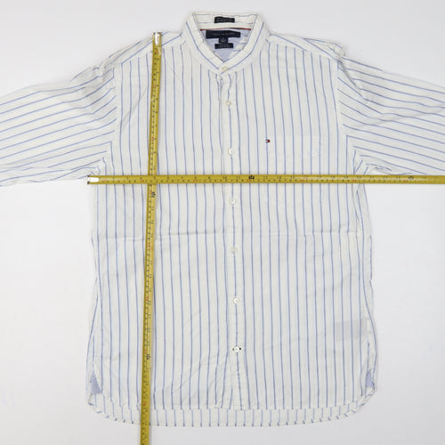 Tommy Hilfiger Men's White Blue Stripe M Custom Fit Band Collar Shirt