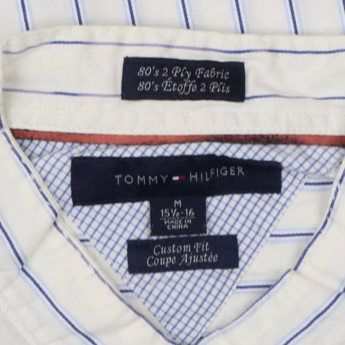 Tommy Hilfiger Men's White Blue Stripe M Custom Fit Band Collar Shirt