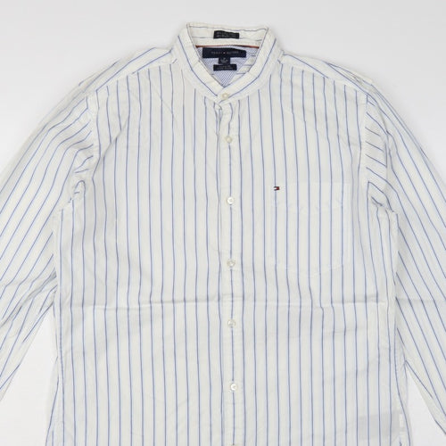 Tommy Hilfiger Men's White Blue Stripe M Custom Fit Band Collar Shirt