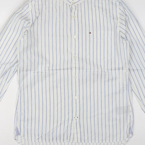 Tommy Hilfiger Men's White Blue Stripe M Custom Fit Band Collar Shirt