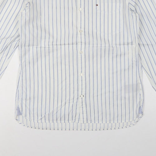 Tommy Hilfiger Men's White Blue Stripe M Custom Fit Band Collar Shirt