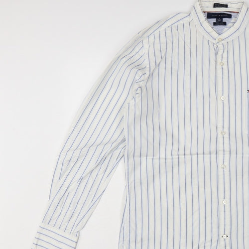 Tommy Hilfiger Men's White Blue Stripe M Custom Fit Band Collar Shirt