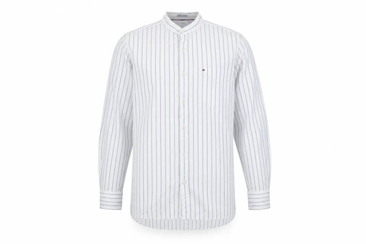 Front view of Tommy Hilfiger Men's White Blue Stripe M Custom Fit Band Collar Shirt