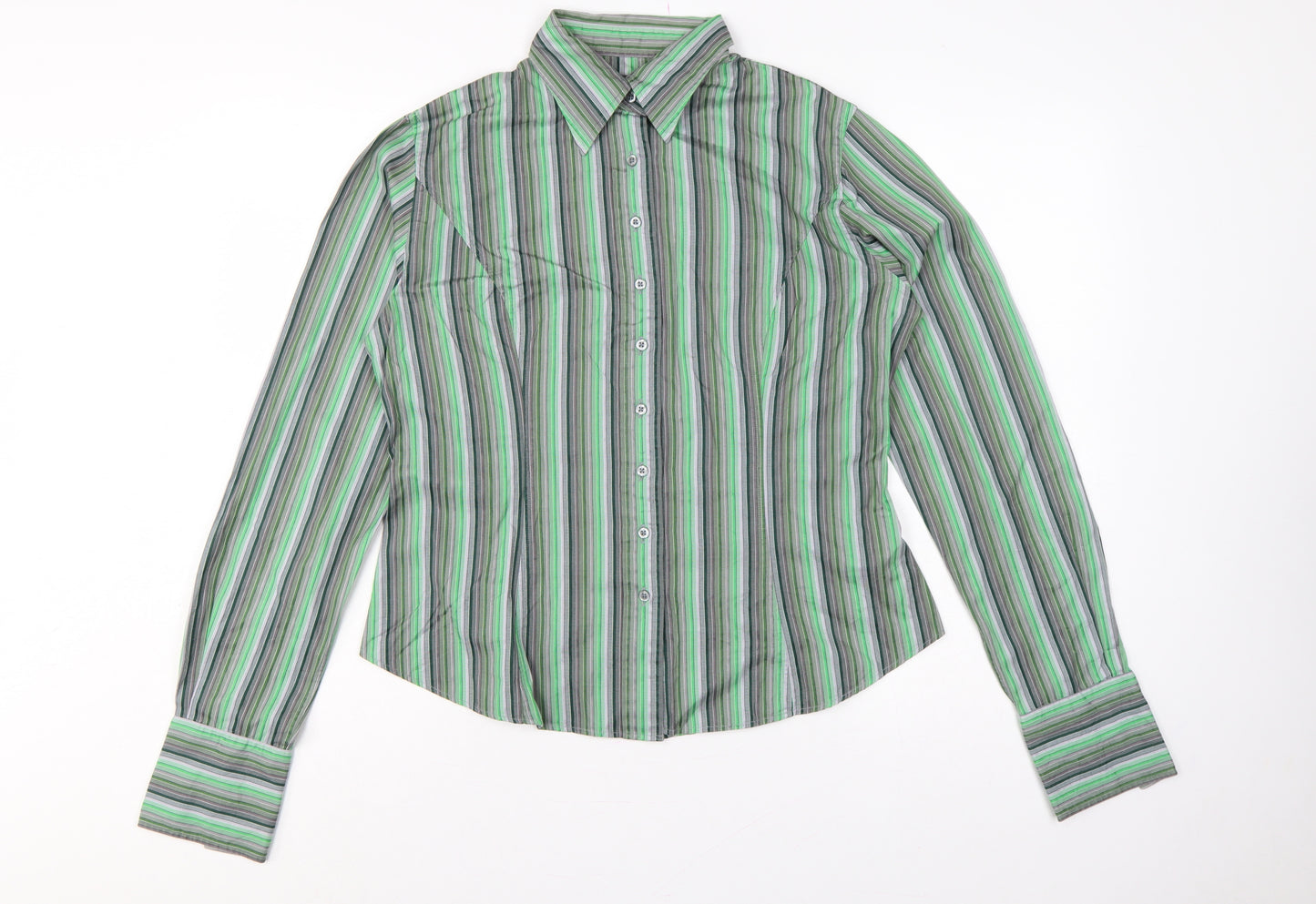 TM Lewin Women Green Stripe Cotton Button-Up Shirt UK 14 Long Sleeve