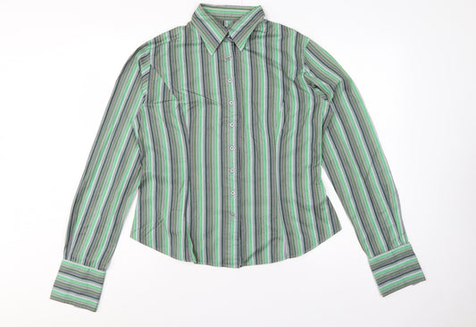 TM Lewin Women Green Stripe Cotton Button-Up Shirt UK 14 Long Sleeve