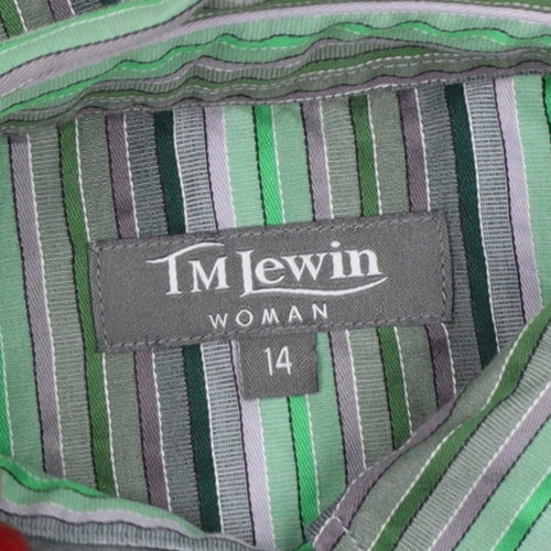 TM Lewin Women Green Stripe Cotton Button-Up Shirt UK 14 Long Sleeve
