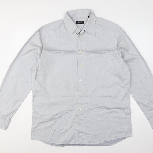 Hugo Boss Men Grey 16 Cotton Long Sleeve Button-Up Point Collar Shirt
