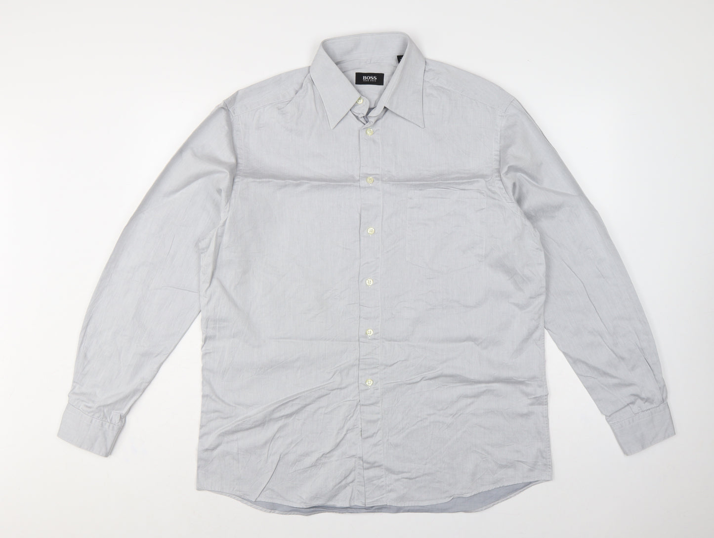Hugo Boss Men Grey 16 Cotton Long Sleeve Button-Up Point Collar Shirt