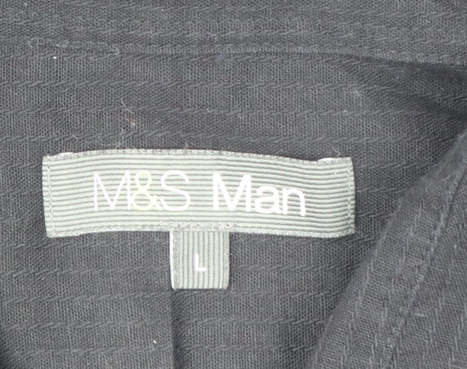 Marks & Spencer Men Black Linen Cotton Short Sleeve Shirt L 41-43