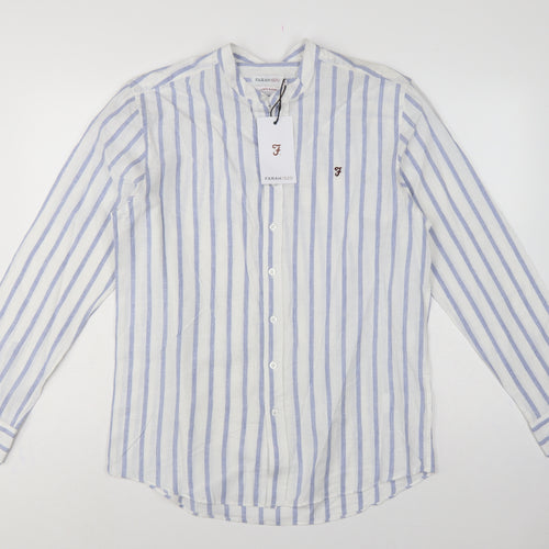 Farah 1920 Men's Blue White Stripe Linen Blend Band Collar Shirt M