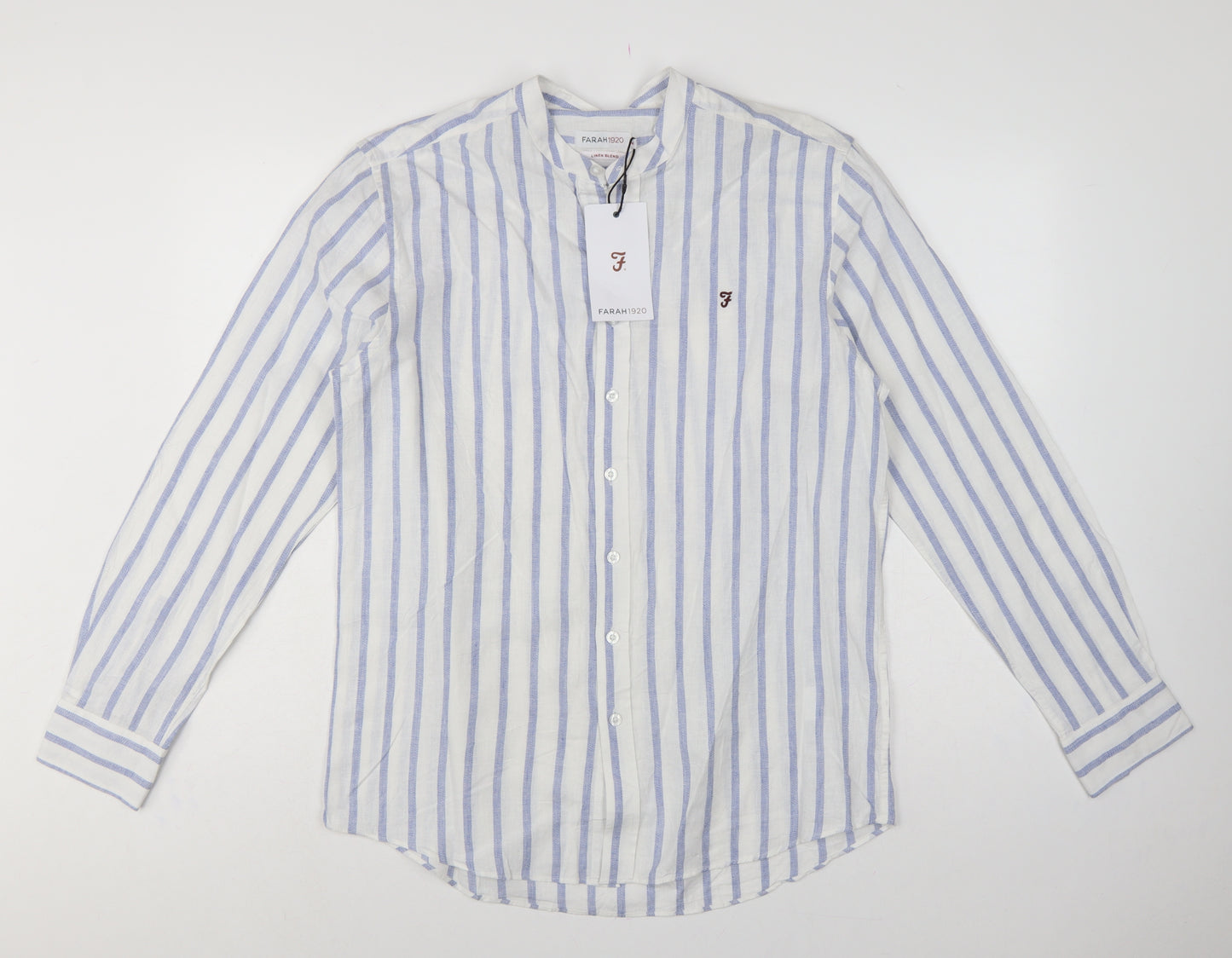 Farah 1920 Men's Blue White Stripe Linen Blend Band Collar Shirt M