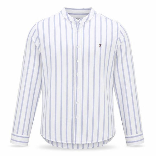 Farah 1920 Men's Blue White Stripe Linen Blend Band Collar Shirt M