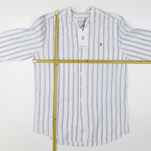 Farah 1920 Men's Blue White Stripe Linen Blend Band Collar Shirt M