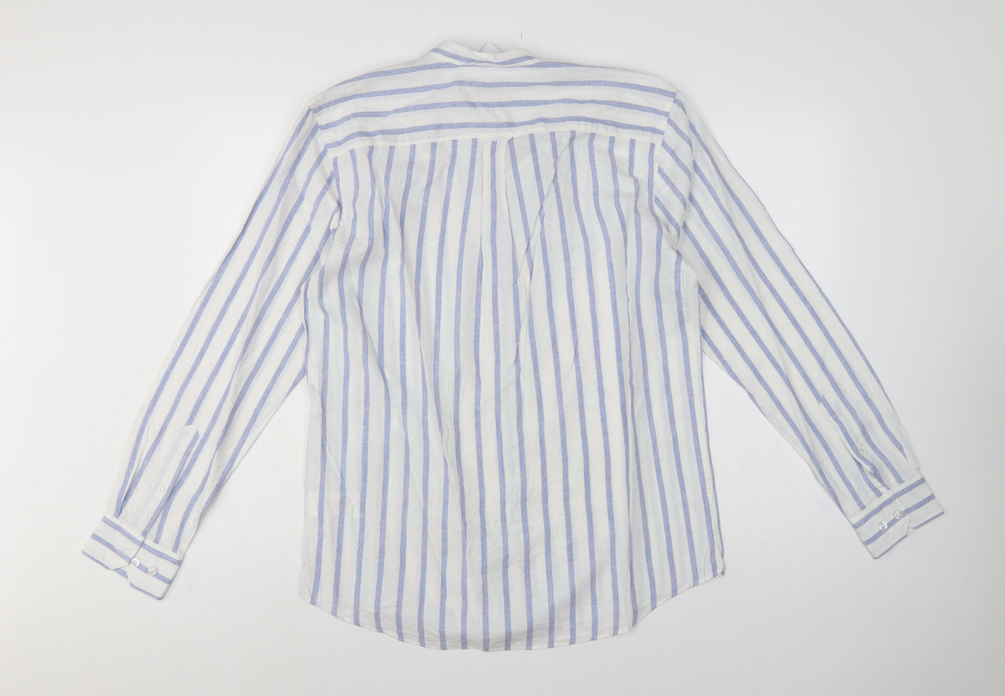 Farah 1920 Men's Blue White Stripe Linen Blend Band Collar Shirt M
