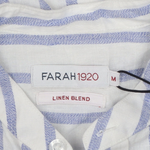 Farah 1920 Men's Blue White Stripe Linen Blend Band Collar Shirt M