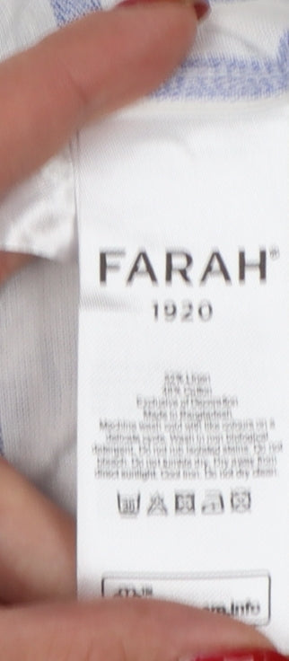 Farah 1920 Men's Blue White Stripe Linen Blend Band Collar Shirt M