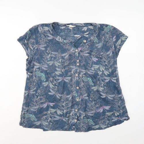 White Stuff Women Blue UK 14 Linen Dragonfly Button-Up Short Sleeve Blouse
