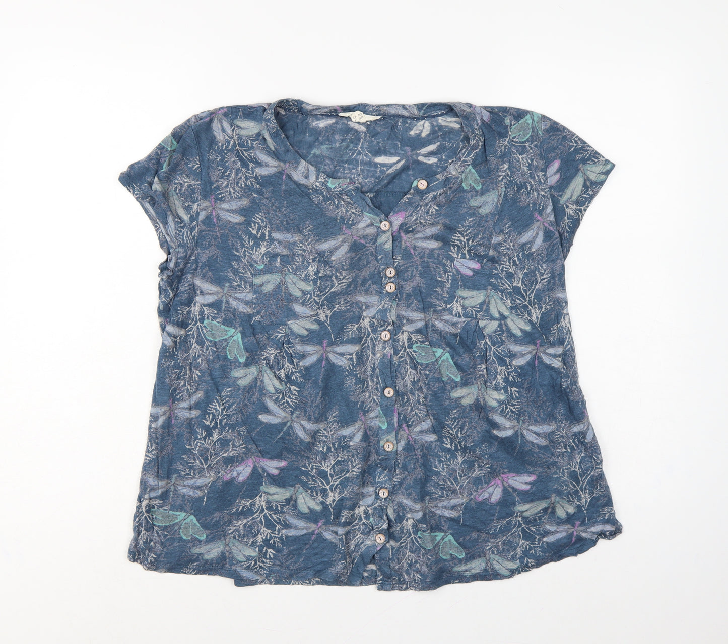 White Stuff Women Blue UK 14 Linen Dragonfly Button-Up Short Sleeve Blouse