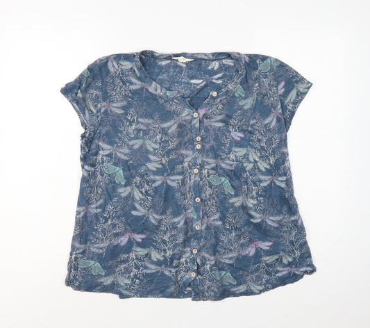 White Stuff Women Blue UK 14 Linen Dragonfly Button-Up Short Sleeve Blouse