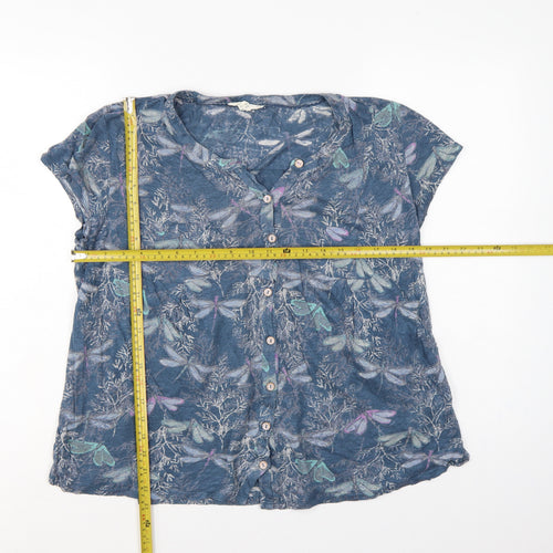 White Stuff Women Blue UK 14 Linen Dragonfly Button-Up Short Sleeve Blouse