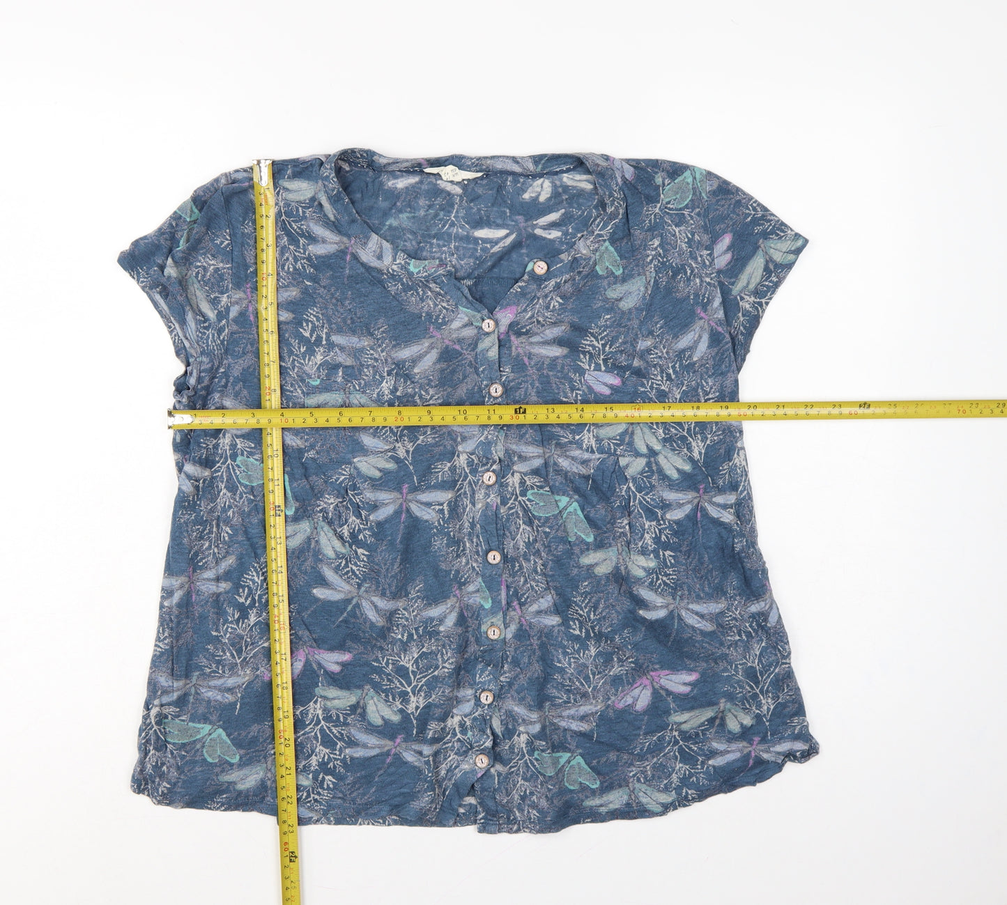 White Stuff Women Blue UK 14 Linen Dragonfly Button-Up Short Sleeve Blouse