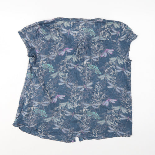 White Stuff Women Blue UK 14 Linen Dragonfly Button-Up Short Sleeve Blouse