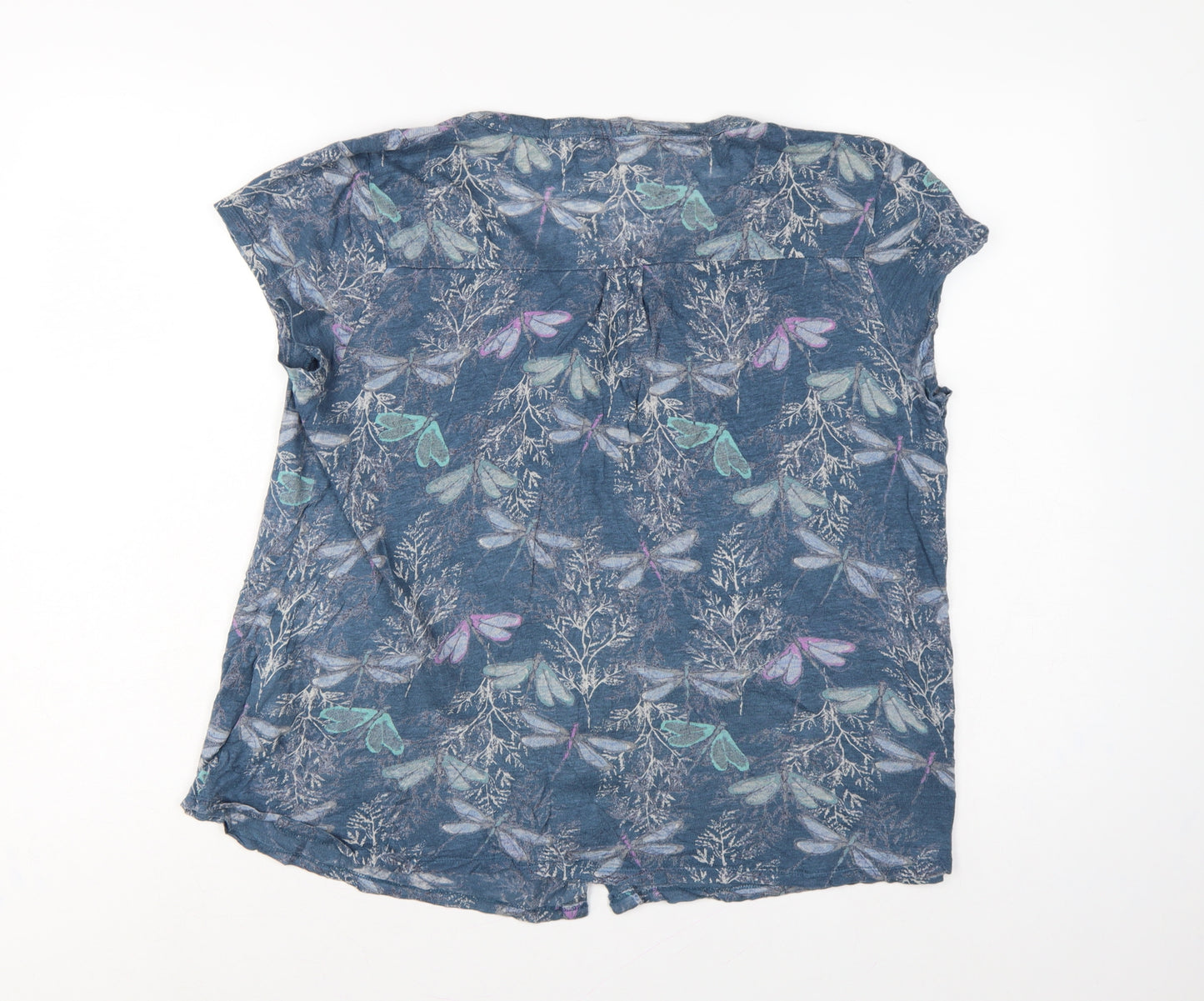 White Stuff Women Blue UK 14 Linen Dragonfly Button-Up Short Sleeve Blouse