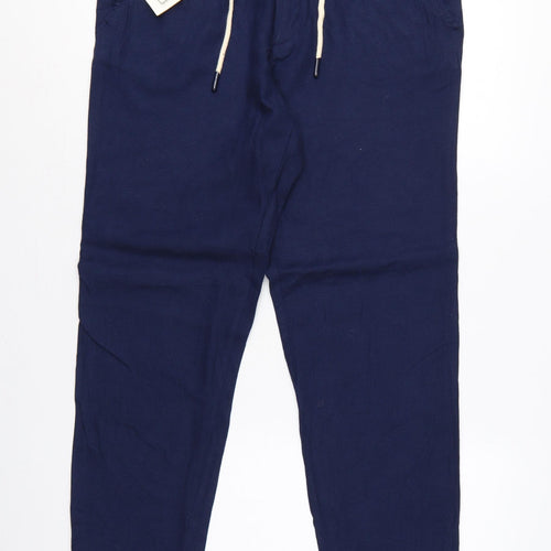 Zara Men Blue Linen Blend Drawstring Tapered Trousers Size M