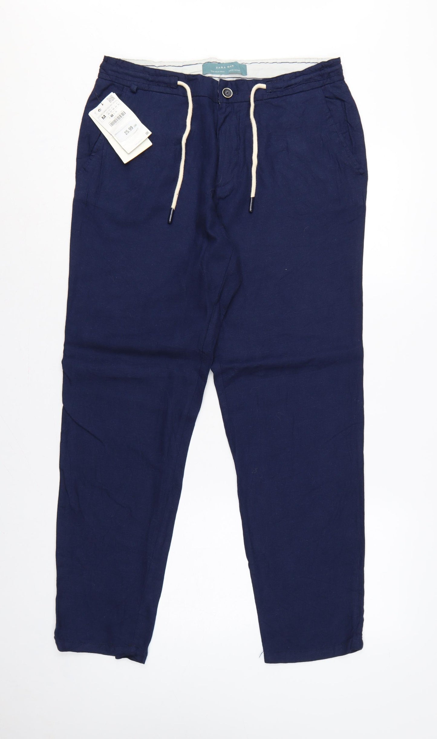 Zara Men Blue Linen Blend Drawstring Tapered Trousers Size M